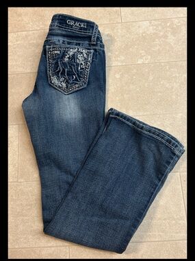 Grace in LA Embellished Horse Western Cowgirl Blue Denim Jeans Girls size 10